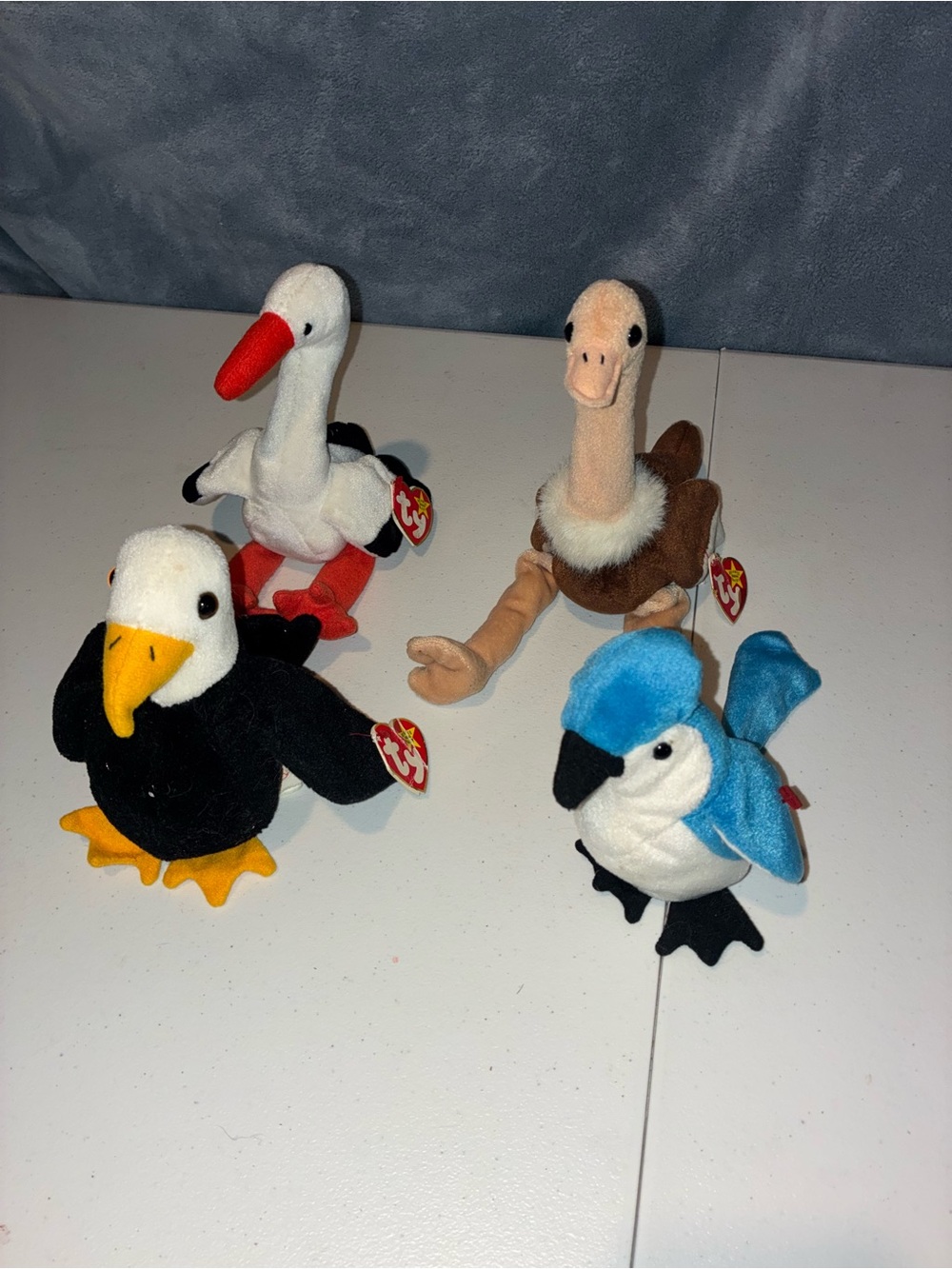 Vintage Ty Plush Bird Lot set of 4 Baldy eagle, ostrich stretch, rocket, stilts